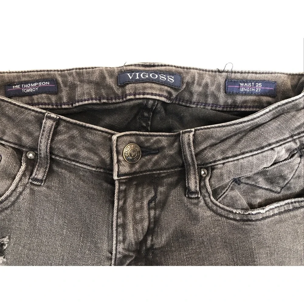 Vigoss Jeans Women's Size 25x27 Denim Black The Thompson Tomboy Distressed 26x27